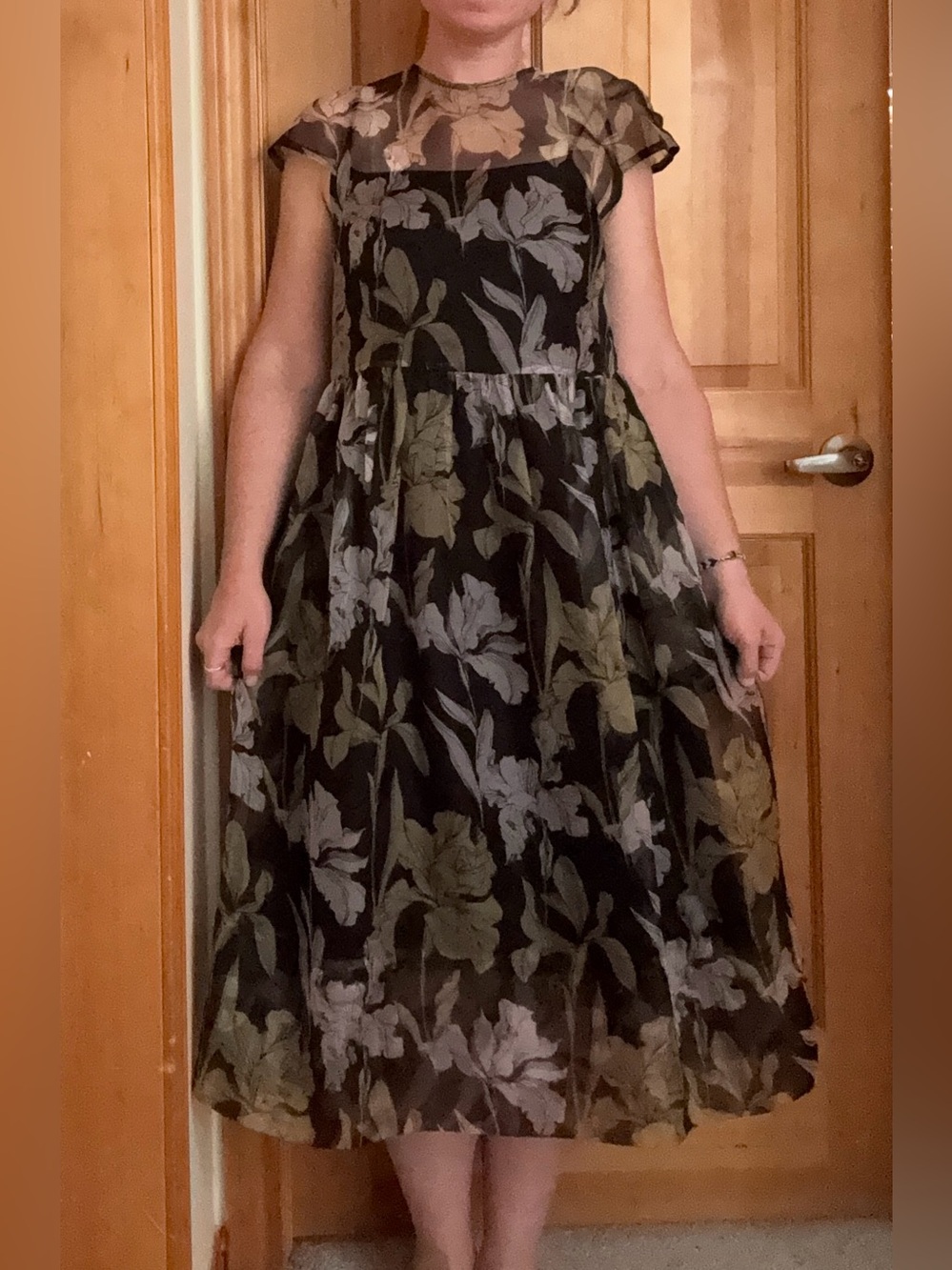 No.6 Floral Mesh A-Line Black Dress with Green and Gray Bloom with black slip